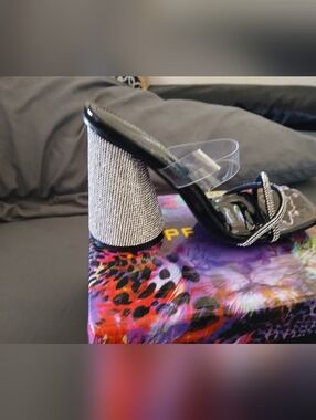 Cape Robbin Black Patent Slide with Clear Strap and Rhinestone Cone Heel Accent